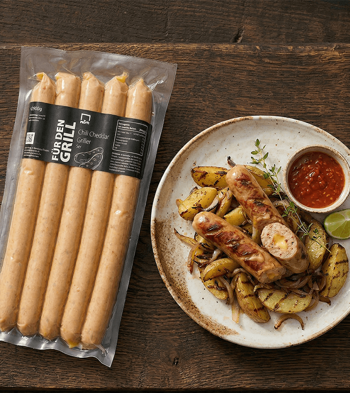 Vier lange Chili-Cheddar-Griller in einer transparenten Verpackung, mit schwarzem Etikett und weißer Beschriftung neben einem Teller serviert..